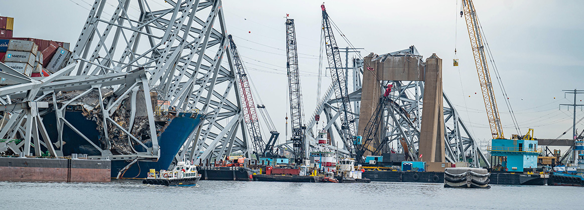 BALTIMORE (April 17, 2024) Wreckage of the Francis Scott Key Bridge and M/V Dali cargo ship, April 17, 2024.